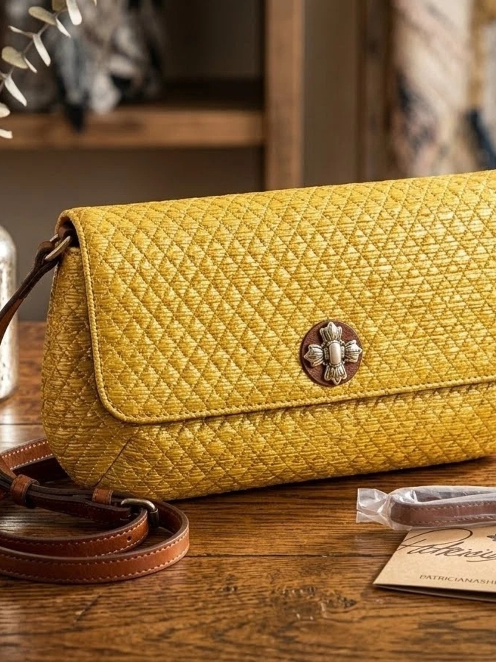 Patricia Nash Yellow Woven Crossbody with Brown Leather Strap